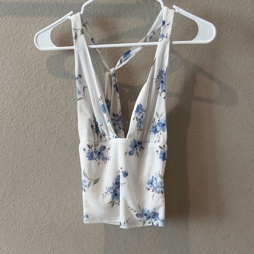 Garage Floral Halter Neck Top - White and Blue